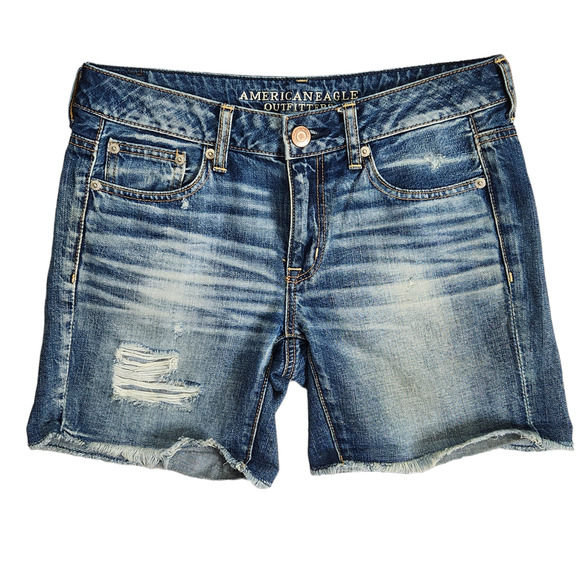 American Eagle Womens Cut-Off Blue Jean Denim Shorts Size 2 Dark Wash Distressed - Picture 1 of 9